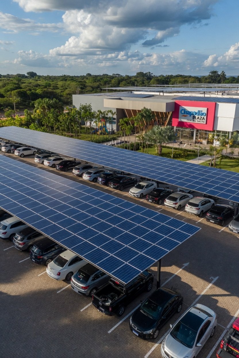 Ilustração gerada por IA: estacionamento com cobertura de energia solar