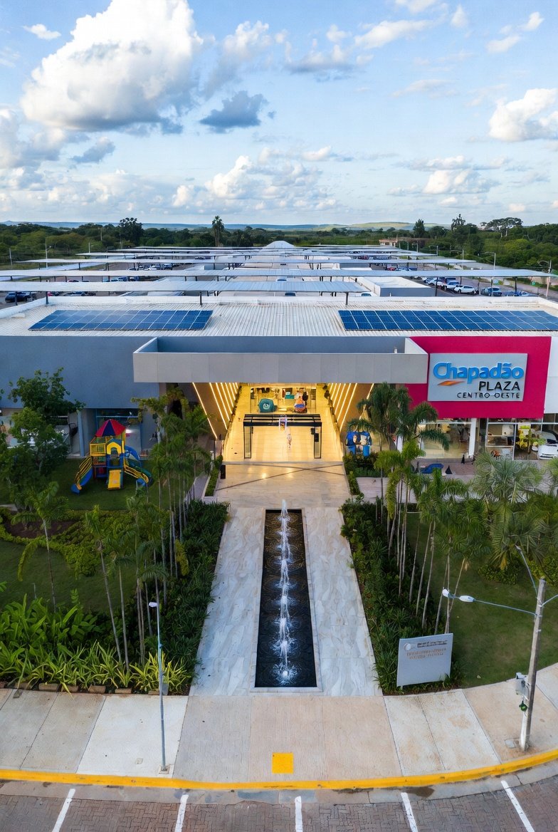 Ilustração gerada por IA: entrada de um shopping moderno e acessível